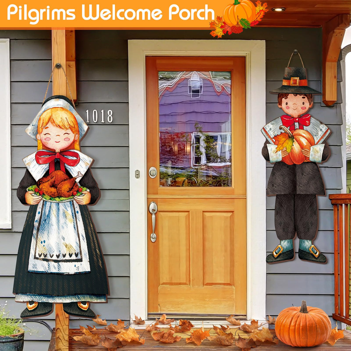 2 Pcs Fall Thanksgiving Pilgrim Boy and Girl Hanging Sign