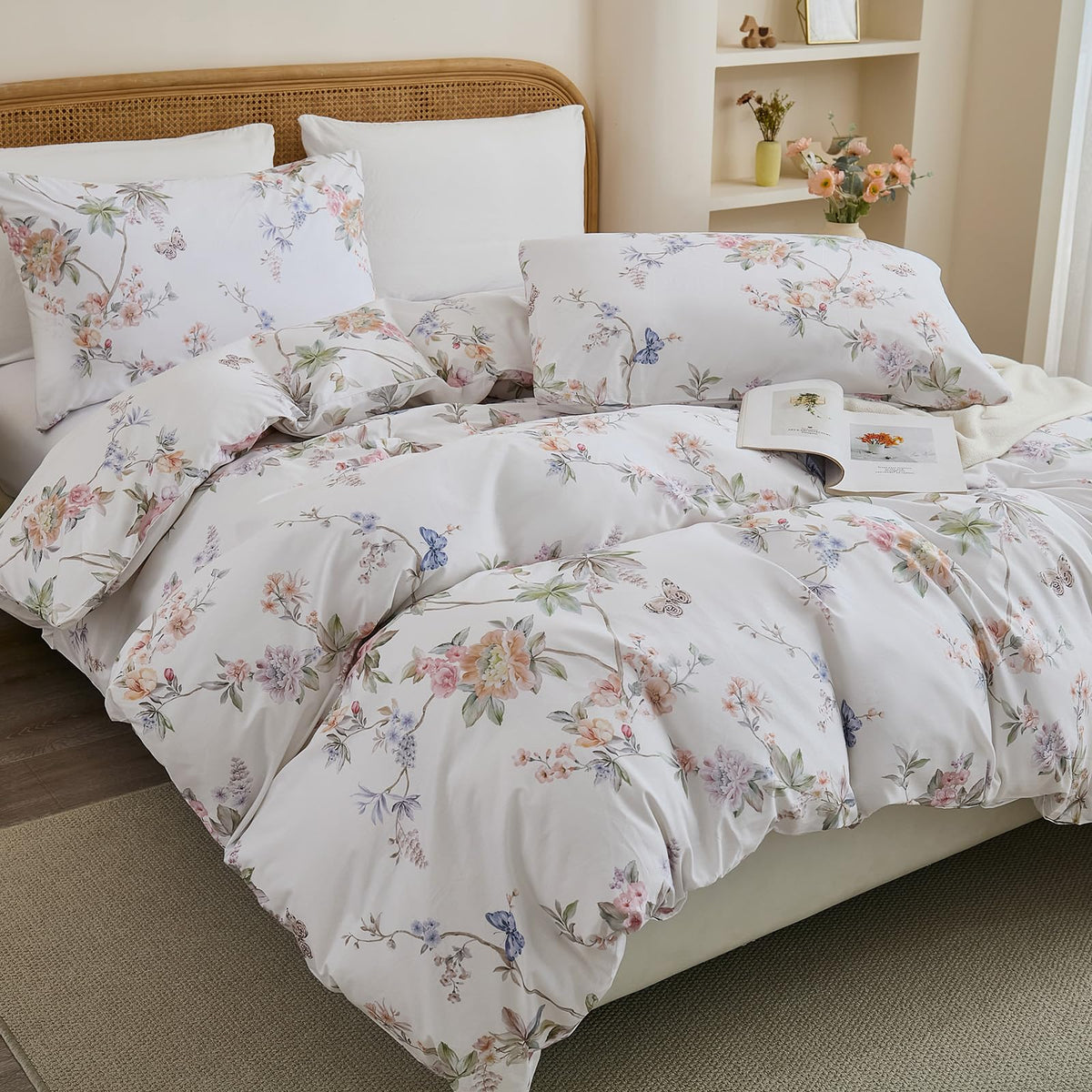 100% Cotton Duvet Cover Queen Size - Elegant French Romantic Floral Duvet Cover Set with Zipper Closure, 3-Piece Soft