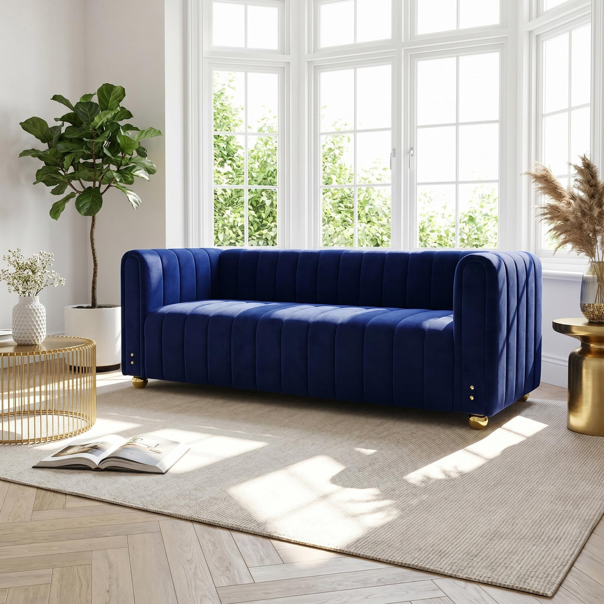 81" Sofa Mid Century Modern Couch for 3 Person Chesterfield Tufted Couches Apartment Bedroom Office (P51-Blue-3S+3S)
