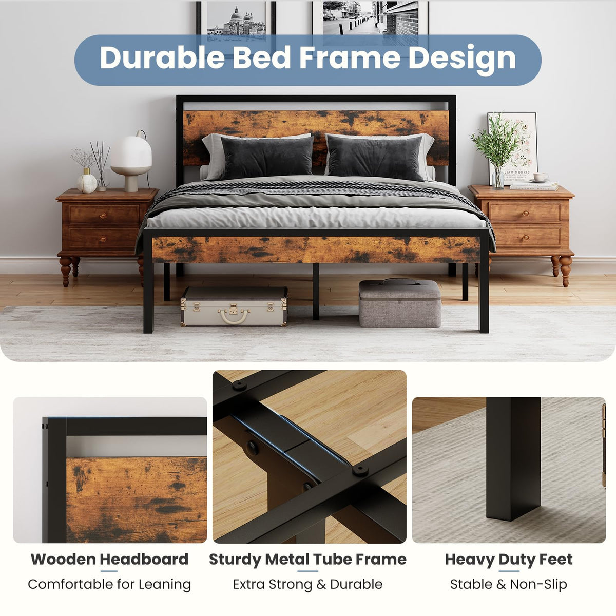 Bed Frame with Wood Headboard, Rustic Platform Bed Metal