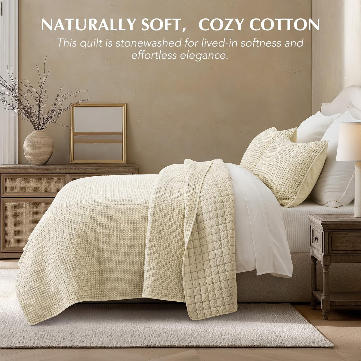 Stonewashed Cotton Waffle Quilt Set, Natural