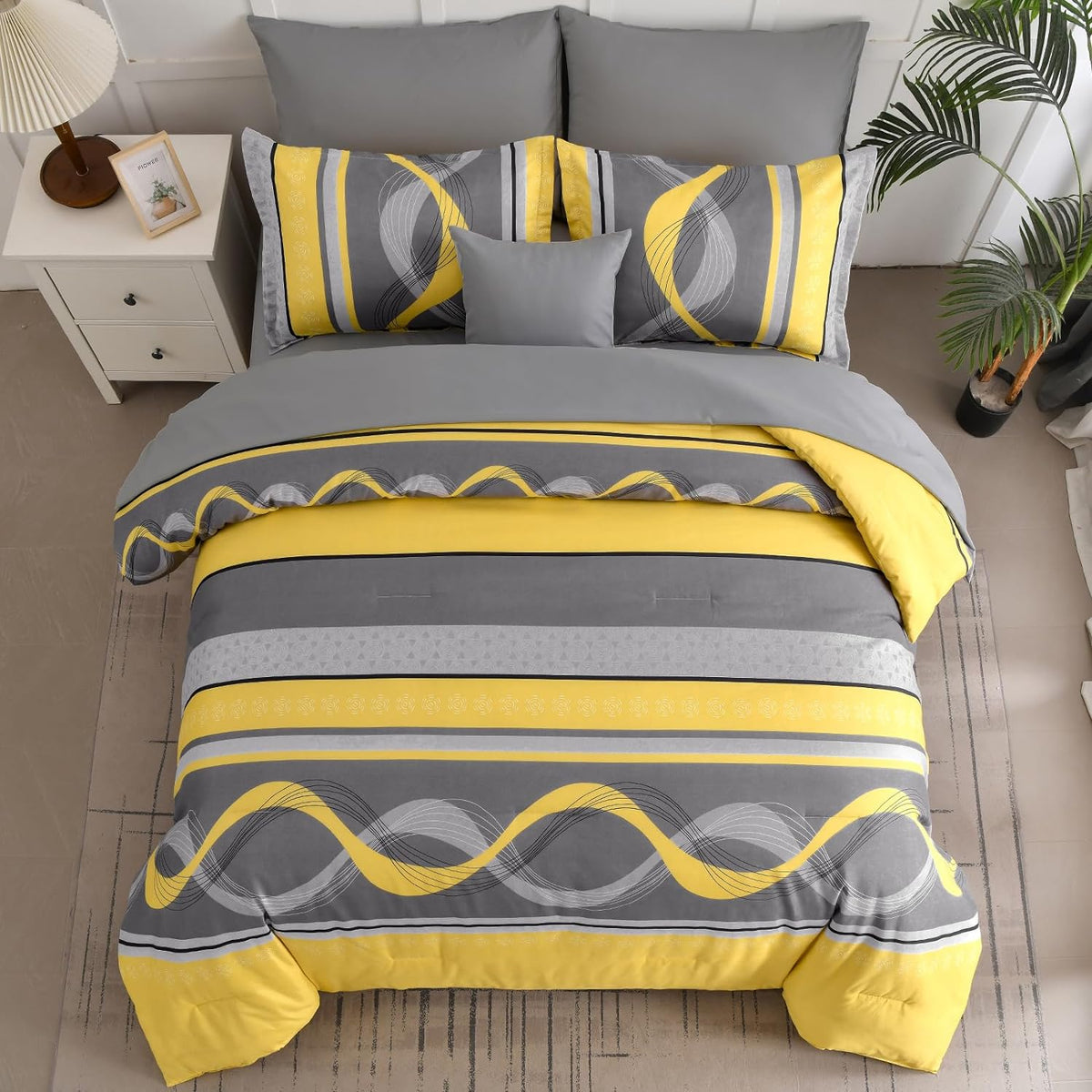 Yellow Comforter Set, 8 Pieces Bed in a Bag Patchwork Striped Bedding Sets, Boho Soft Microfiber Bedding