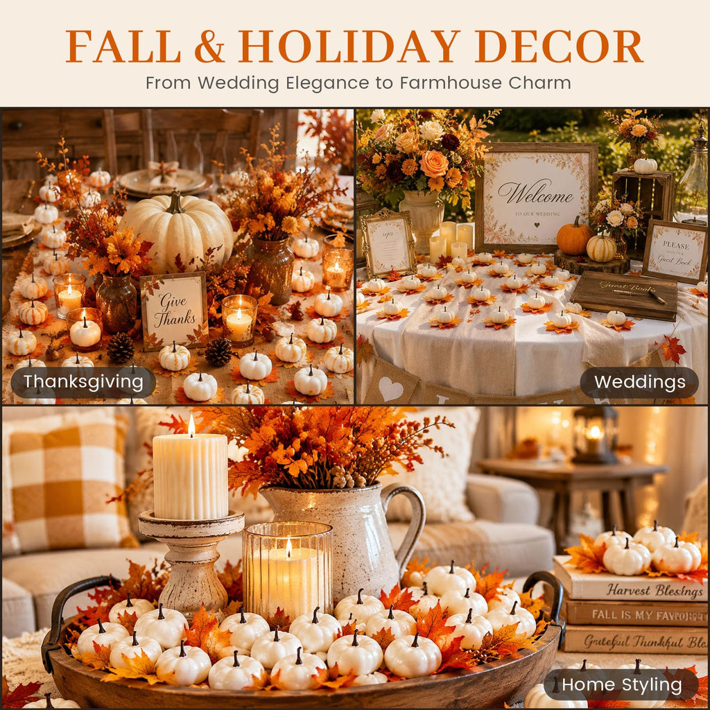 40 PCS White Fake Pumpkins, Mini Pumpkins with Maple Leaves