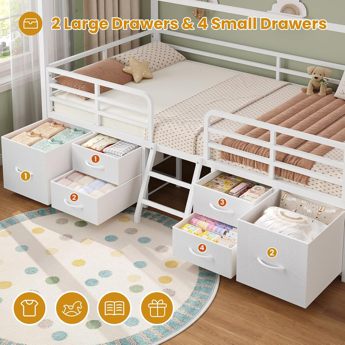 Twin Size Bed Frame with 6 Drawers,White Metal House Kids Bed | Twin Bed Frame for Girls,Safety Guardrail,Inclined