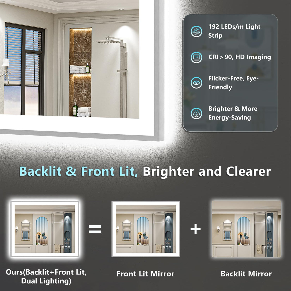 44x30 Inch Brushed Nickel LED Bathroom Mirror, Backlit & Front Lit