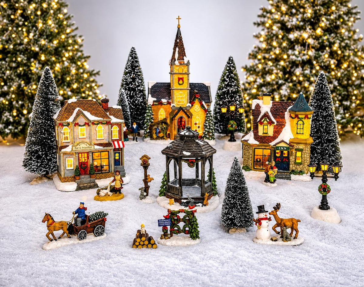 20-Piece Lighted Christmas Village Set with LED Lights Battery Operated Miniature Holiday Town Display Hand-Painted