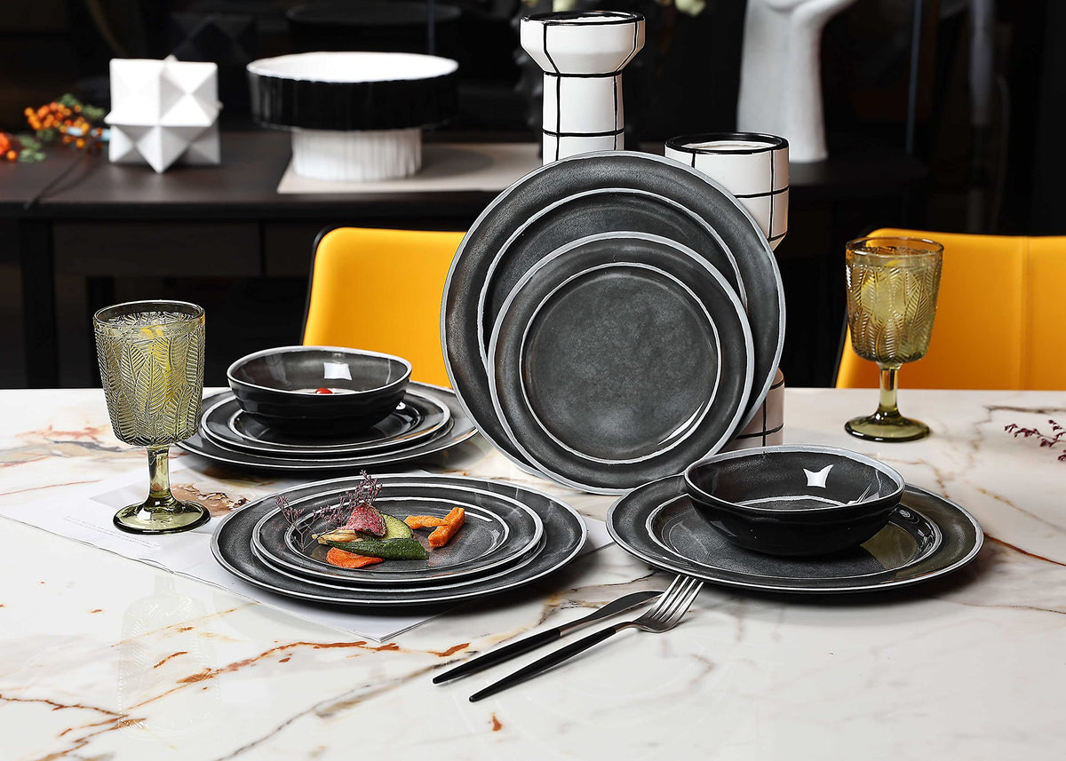 Black Melamine Dinnerware Set for 4,12Pcs Dish Set for Indoor & Outdoor Use