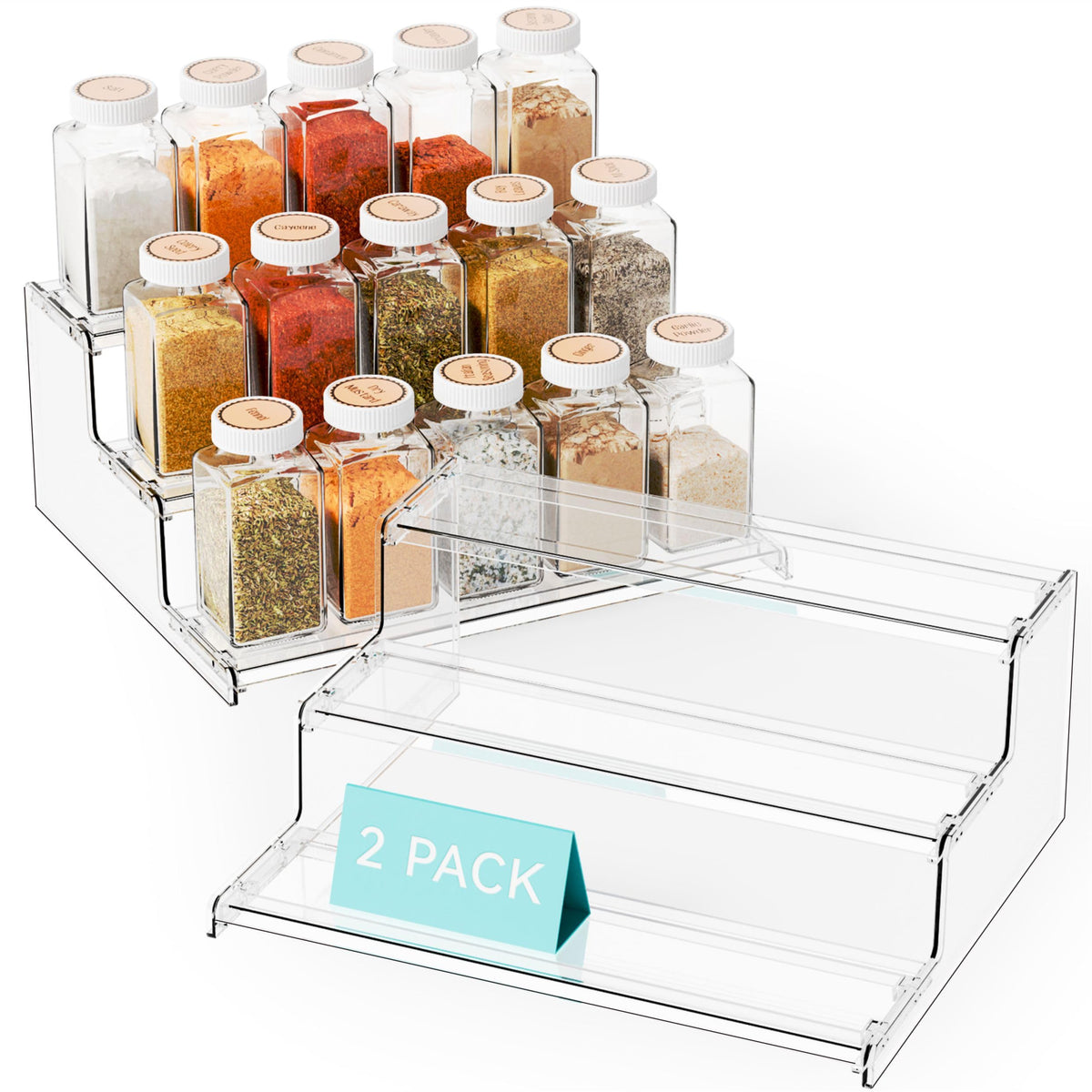 2 Pack Tiered Spice Rack Organizer for Cabinet,Pantry,3 Tier Clear Acrylic Spice Rack Organizer & Holder,Step Shelves