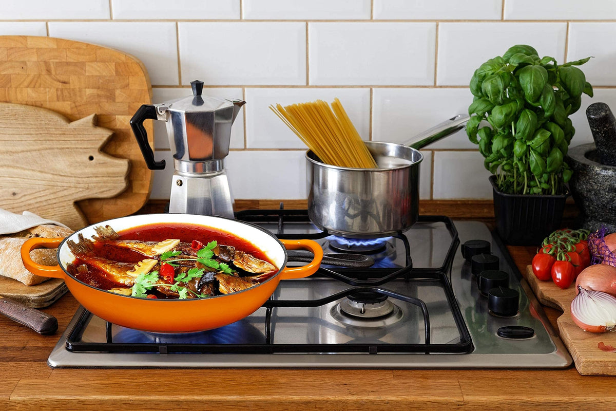 Cast Iron Dutch Oven Pot with Lid - 3.8 Qt Shallow Braising Pan with Handles for Stews - Enameled Casserole Dish