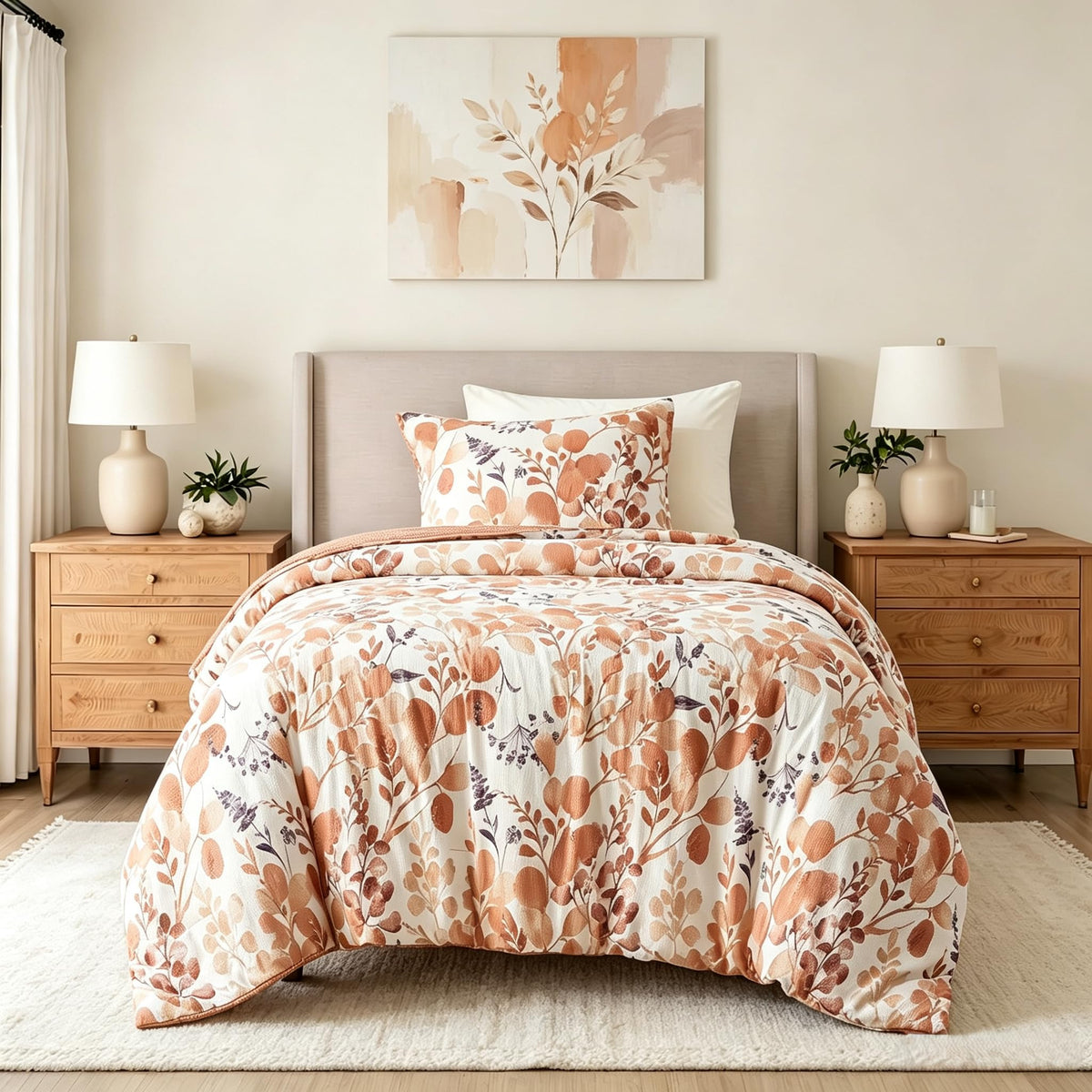 Lightweight Seersucker Botanical Comforter Set, 2 Pieces Reversible Design with Striped Print, Premium