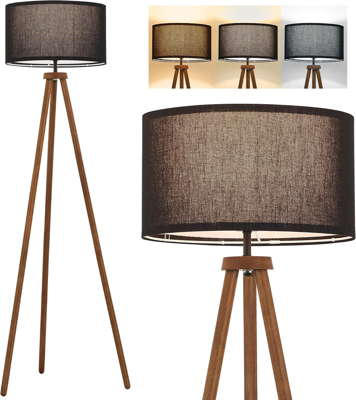 Wood Tripod Floor Lamp Modern Standing Lamp with Black Drum Shade, Industrial Tall Reading Lamp Living Room Bedroom