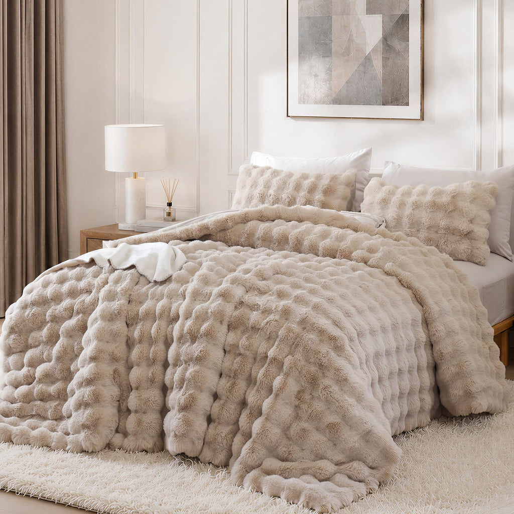 Faux Rabbit Fur Fluffy Comforter Set - 7 Piece Bed in a Bag