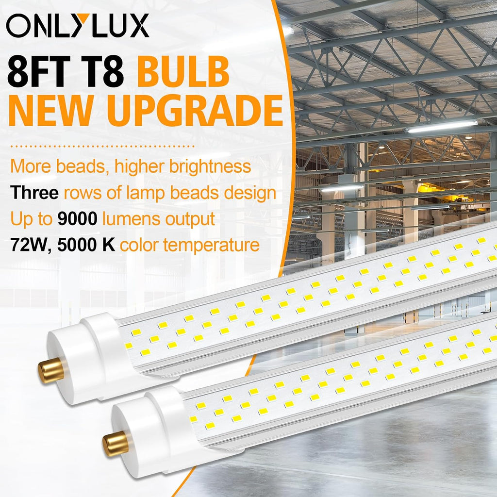 8ft Led Bulbs, T8 8 Foot Led Bulb for T12 Fluorescent Replacement, 72W 9000lm 8' Led Tubes 96" FA8 Single Pin, Three