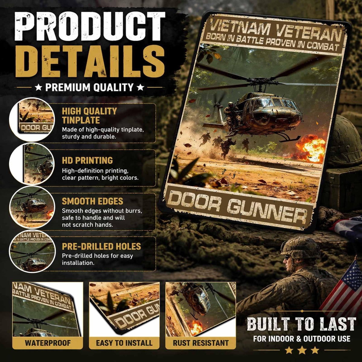 Veteran Metal Tin Sign Helicopter Vietnam Veteran Born In Battle Proven In Combat Aluminium Sign U.S Army Metal