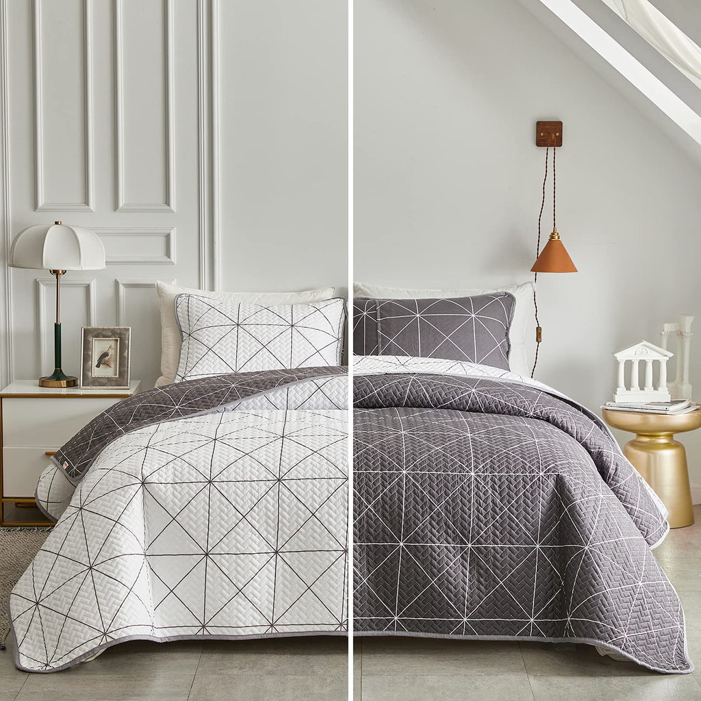 3 Pieces Reversible Quilt Set Plaid White & Brown 102x88 Soft Microfiber Lightweight Coverlet Bedspread