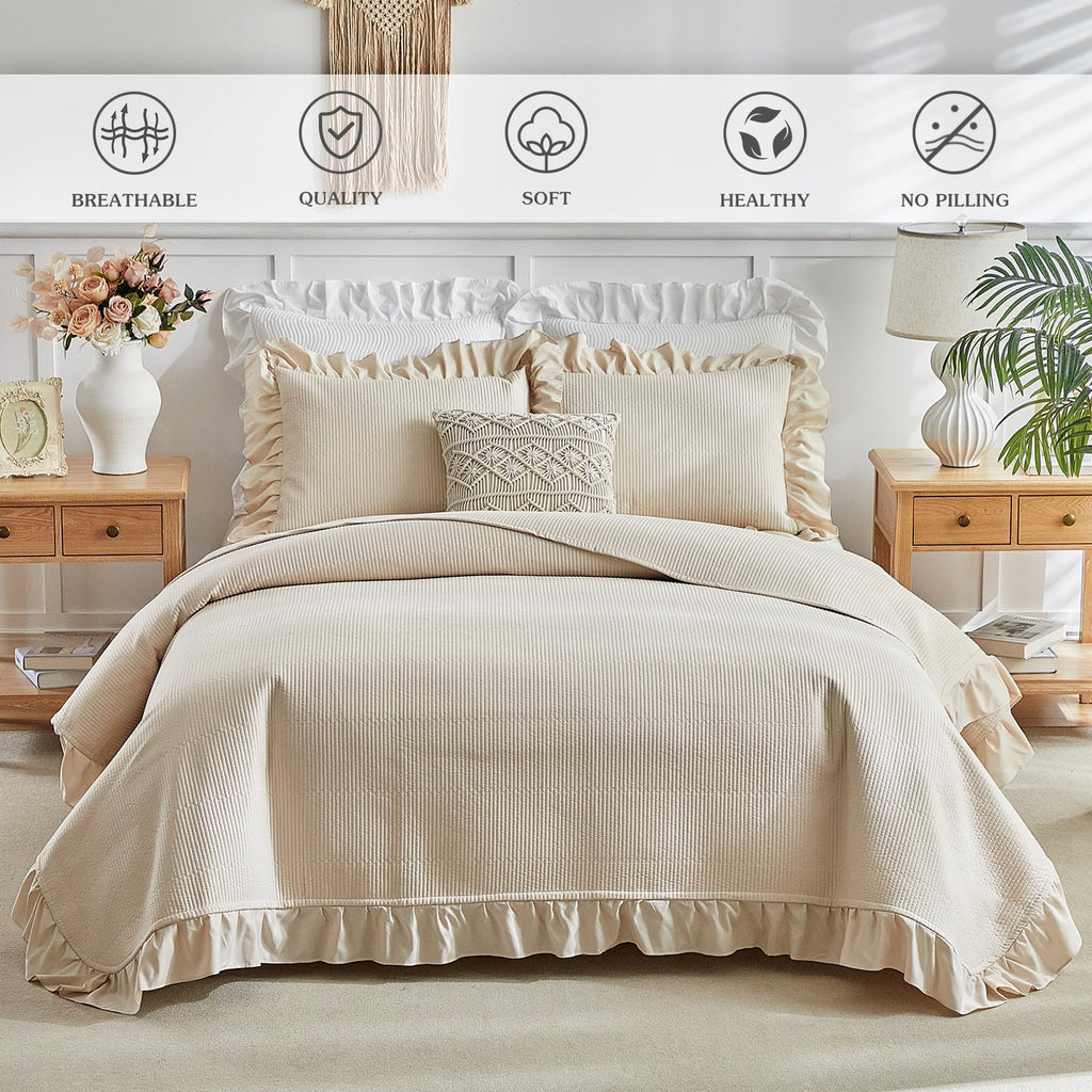Beige Ruffle Quilt Set, 3 Pieces Shabby Chic Farmhouse Striped Bedspread Coverlet Set, Solid Lightweight