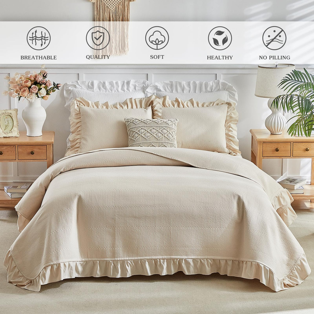 Beige Ruffle Quilt Set, 3 Pieces Shabby Chic Farmhouse Striped Bedspread Coverlet Set, Solid Lightweight