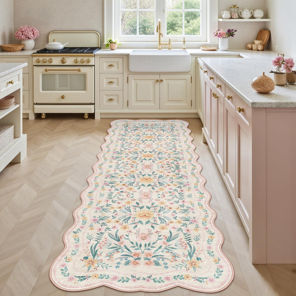 Scalloped Floral Runner Rug, Pink Washable Non-Slip Boho Hallway Rug, Soft Cute Carpet Runner, Laundry, Entryway