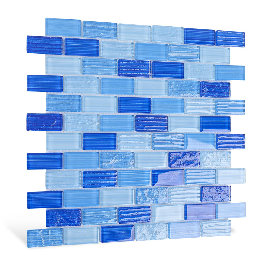 Glass Tile Mosaic Backsplash Mixed Blue 12 x 12 Inch Glossy Pool Glass Tile Square Mosaic Tiles for Swimming Kitchen