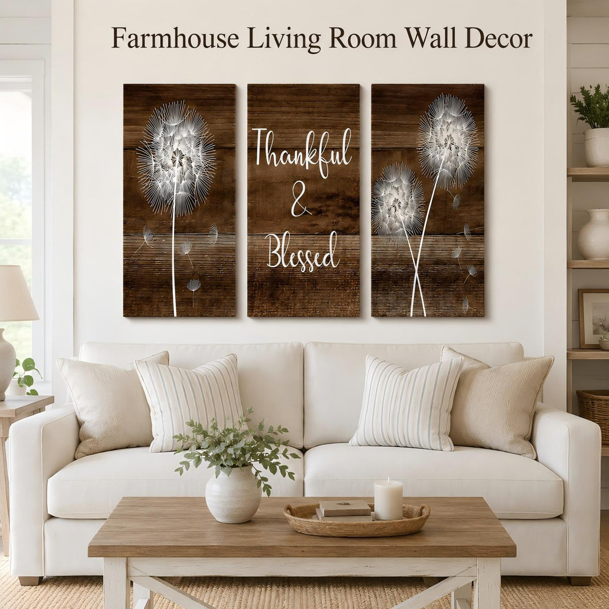 Thankful & Blessed Dandelion Framed 3‐Piece Canvas Wall Art, Rustic Wooden Plank Background Floral Typography Canvas