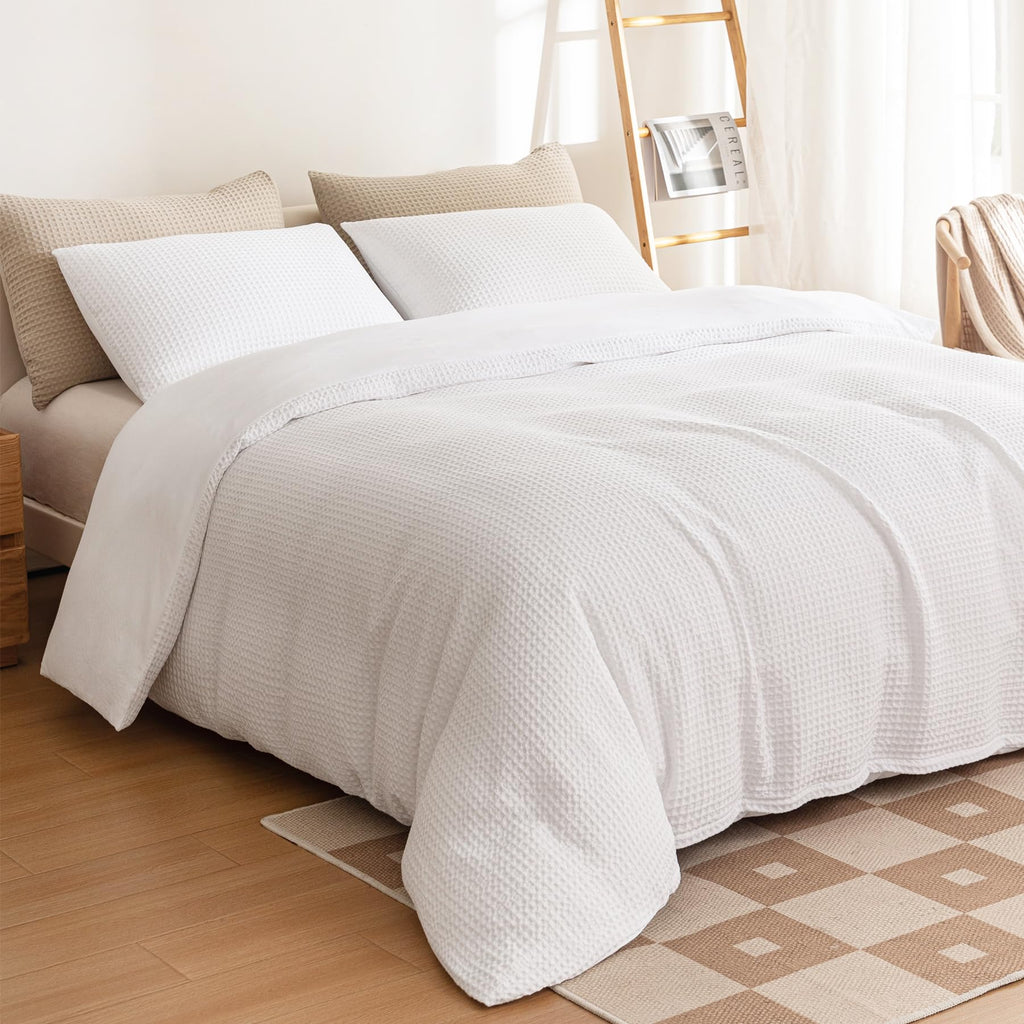 Waffle Duvet Cover Soft Breathable Cooling Luxury 3 Pcs Bedding Set with 1 Waffle Weave Duvet Cover and 2