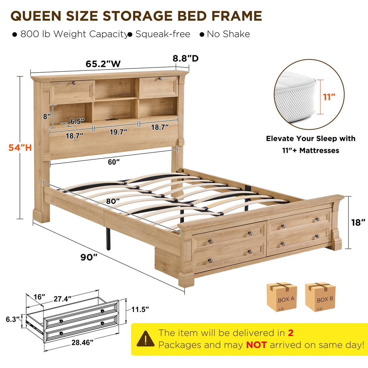 Farmhouse Bed Frame with Charging Station, 2 Footboard Drawers