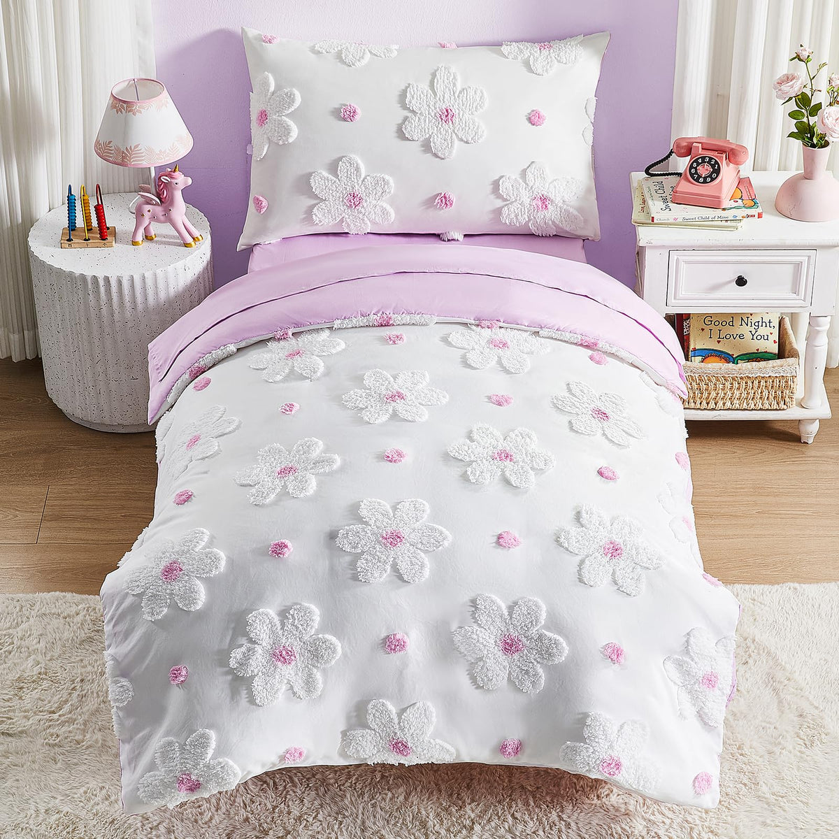 Toddler Bedding Set for Girls Purple Tufted Boho Toddler Bed Comforter Set