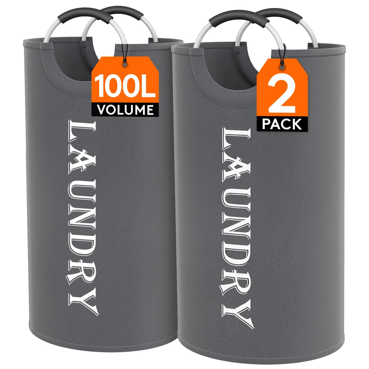 2 Pack 100L Laundry Basket with Aluminum Handles, Grey
