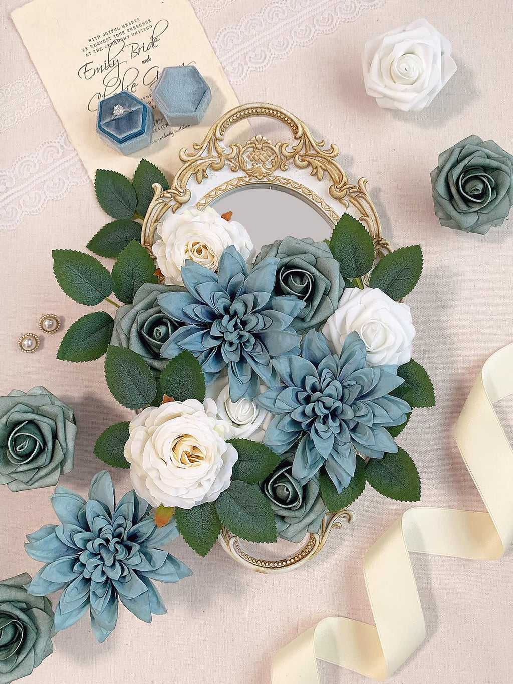 Roses Artificial Flowers Dusty Blue Fake Flower with Stem Box Set