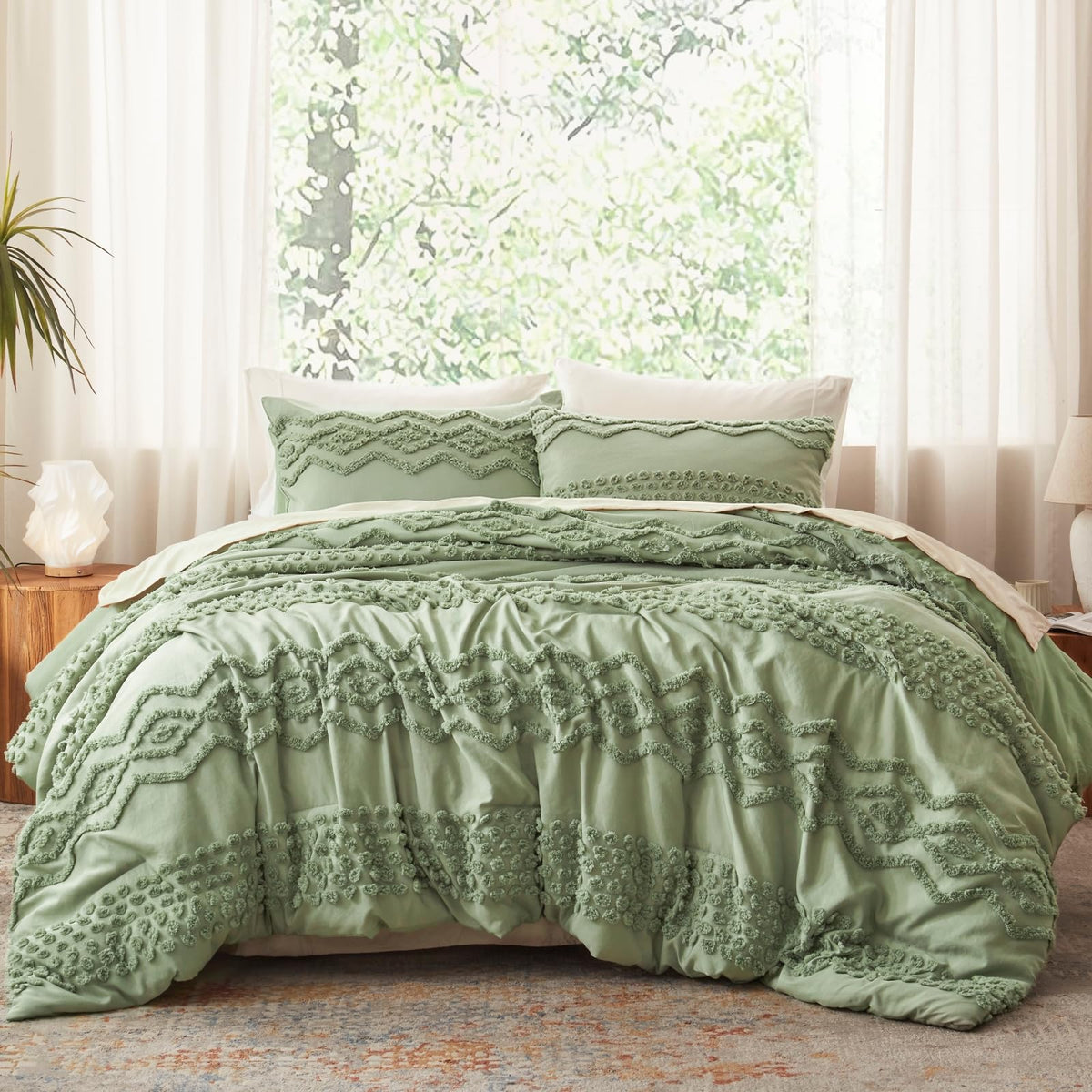 Sage Green Tufted Comforter Set, 3 Pieces King Boho Bedding Set