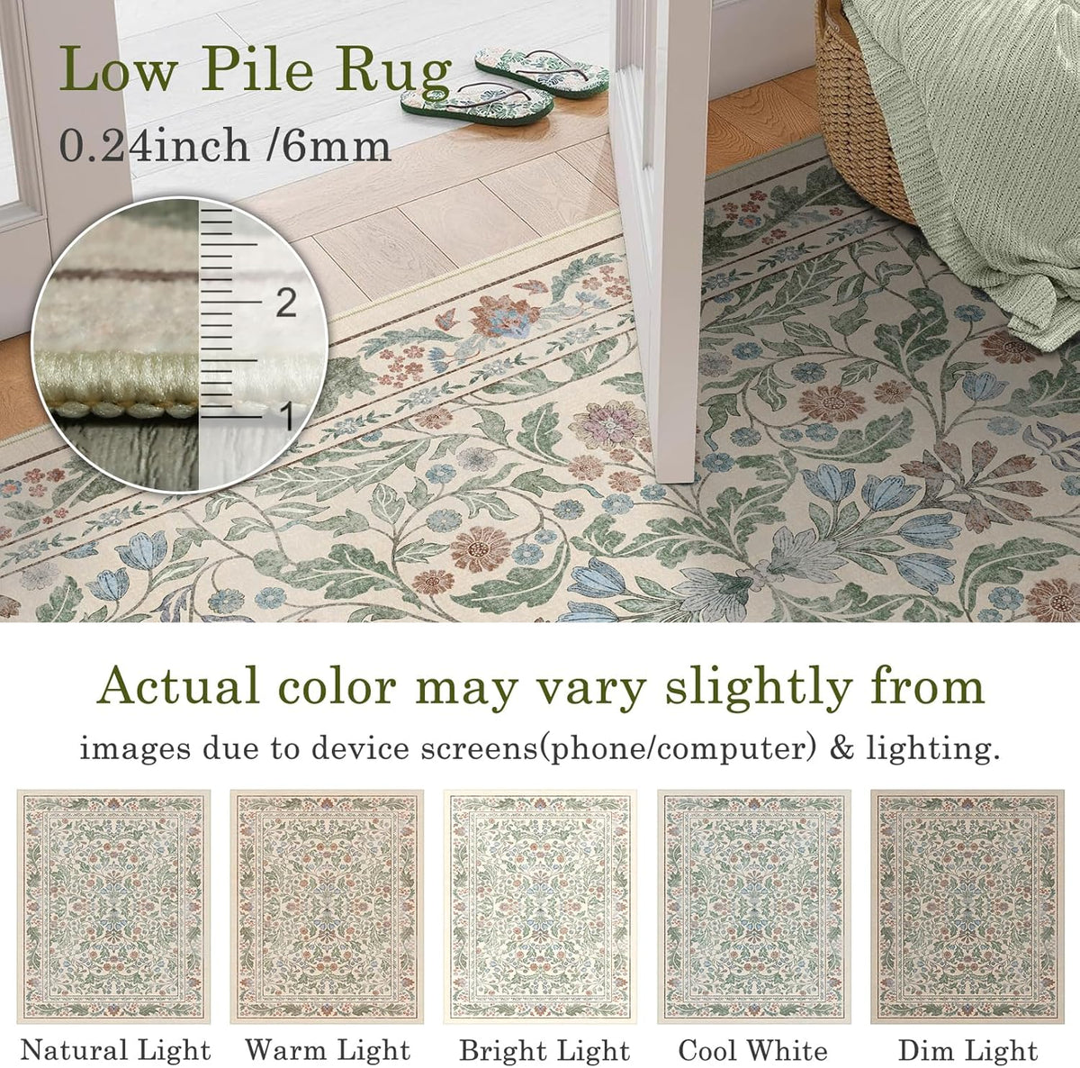 Floral Indoor Entrance Area Rug, Washable Vintage Boho Entryway Rugs, Low Pile Non Slip Soft Carpet for Kitchen