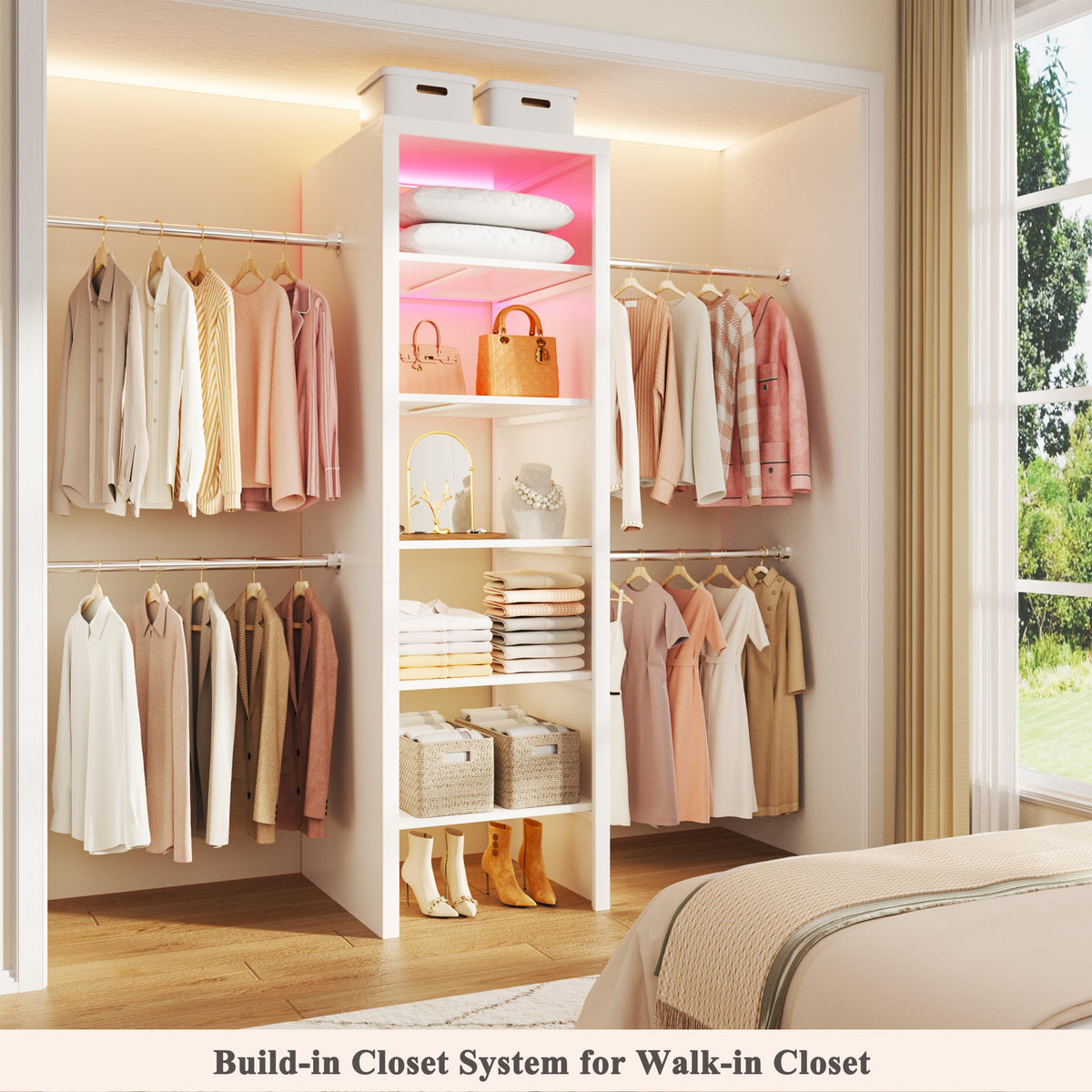 100'' Closet System with 4 Hanging Rods & LED Lights, 2-8 FT Wood Closet Organizer Systems with 5 Shelves, 6 Height