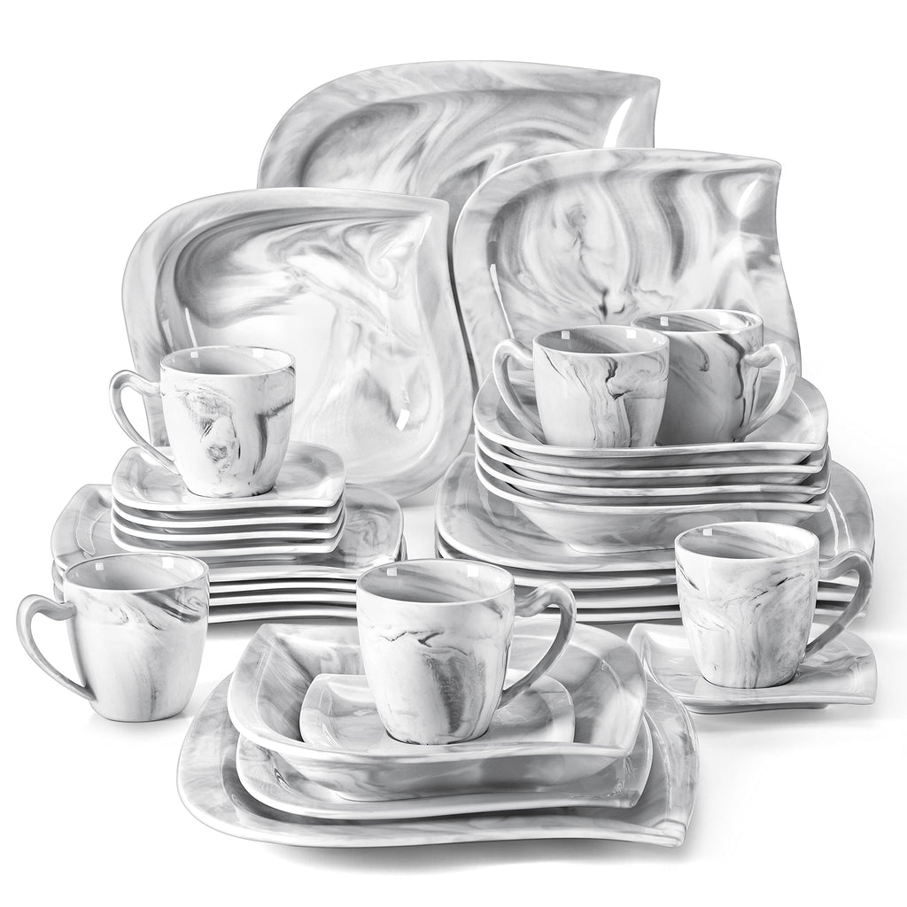 30 Piece Porcelain Dinnerware Set, Marble Grey for 6