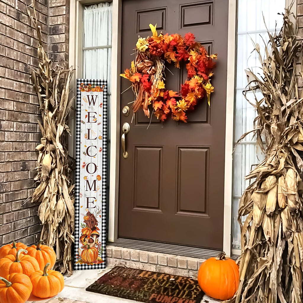 Fall Welcome Porch Sign Thanksgiving Day Wooden Door Sign 47" Large Buffalo Plaid Porch Sign for Pumpkin Sign Home