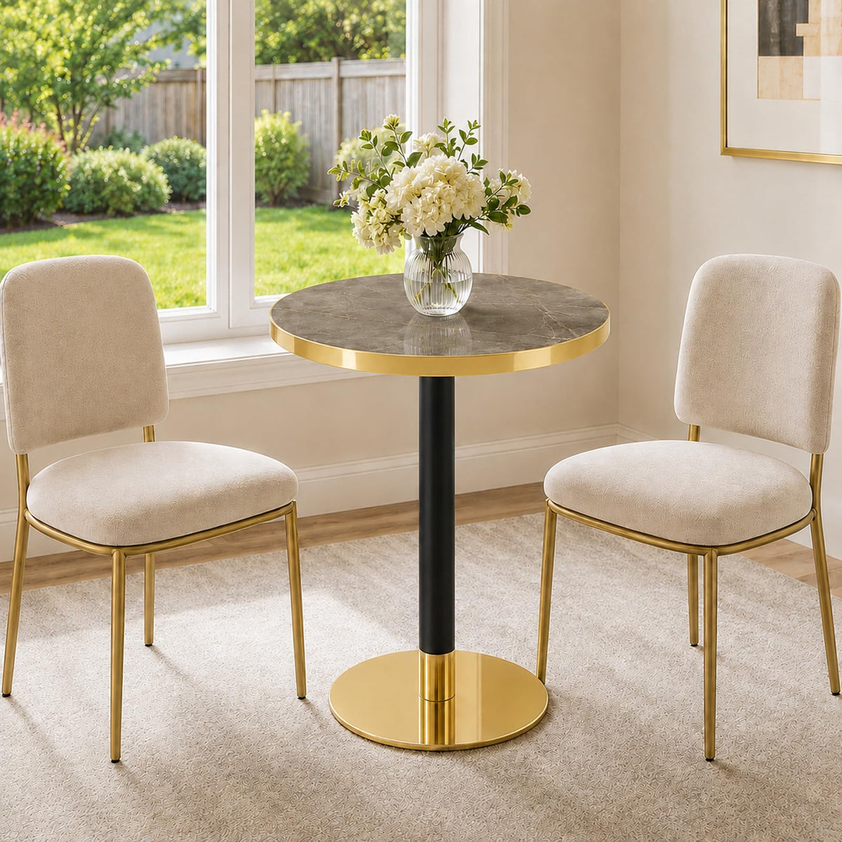 Inspired Saarinen Style 23.6" Small Round Dining Table for 2, Circle Tulip Table, Faux Marble Top with Gold Metal Pedestal Base, Modern
