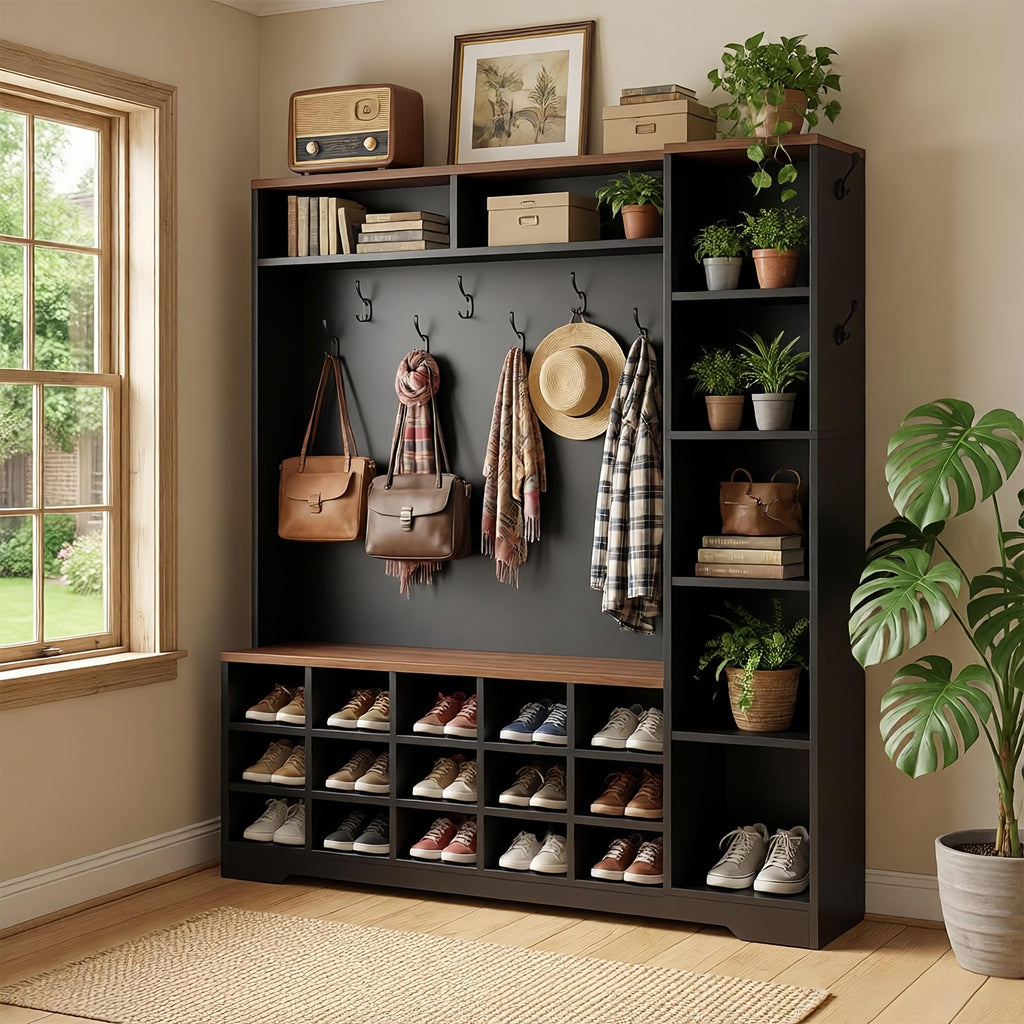 Hall Tree with Bench and Shoe Storage, 5-in-1 Mudroom with Coat Rack, Farmhouse Entryway Furniture, Tall Hall Tree