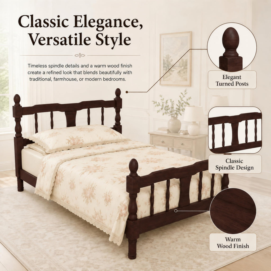 Platform Bed with Spindle Headboard & Footboard, Farmhouse Spindle Bed Frame with Wood Slat Support, No Box