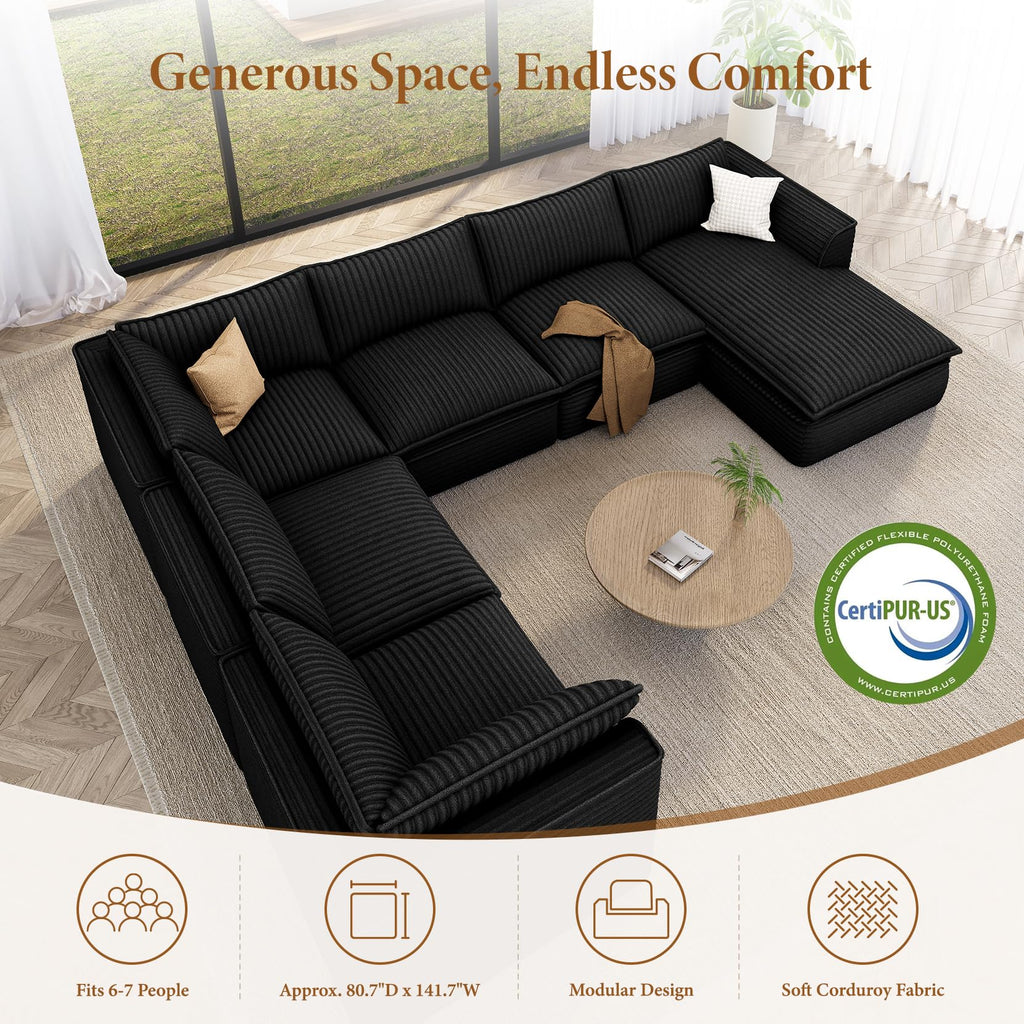 141.7" Boneless Sectional Sofa with Chaise, 7 Seater Couch, Black