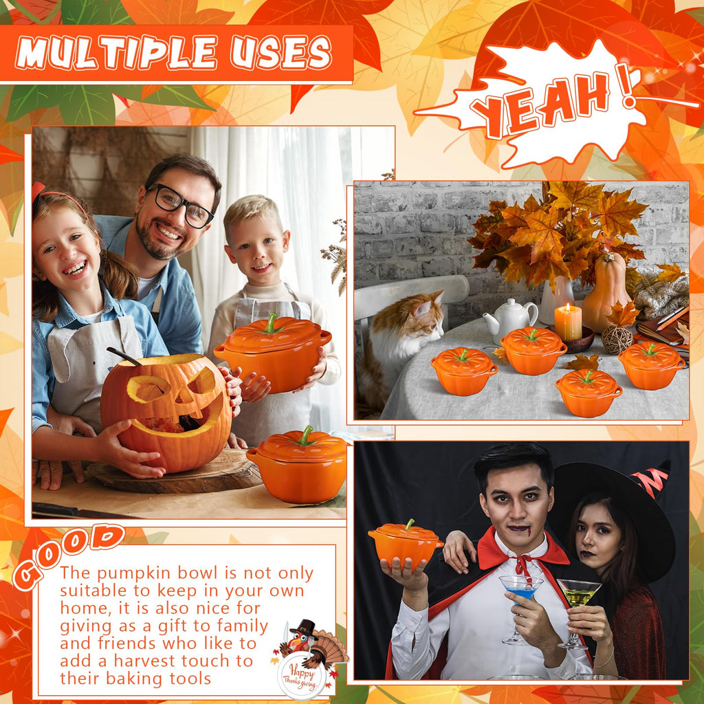 2 Pcs Ceramic Pumpkin Bowls with Lids, 13 oz Oven Safe Ramekins
