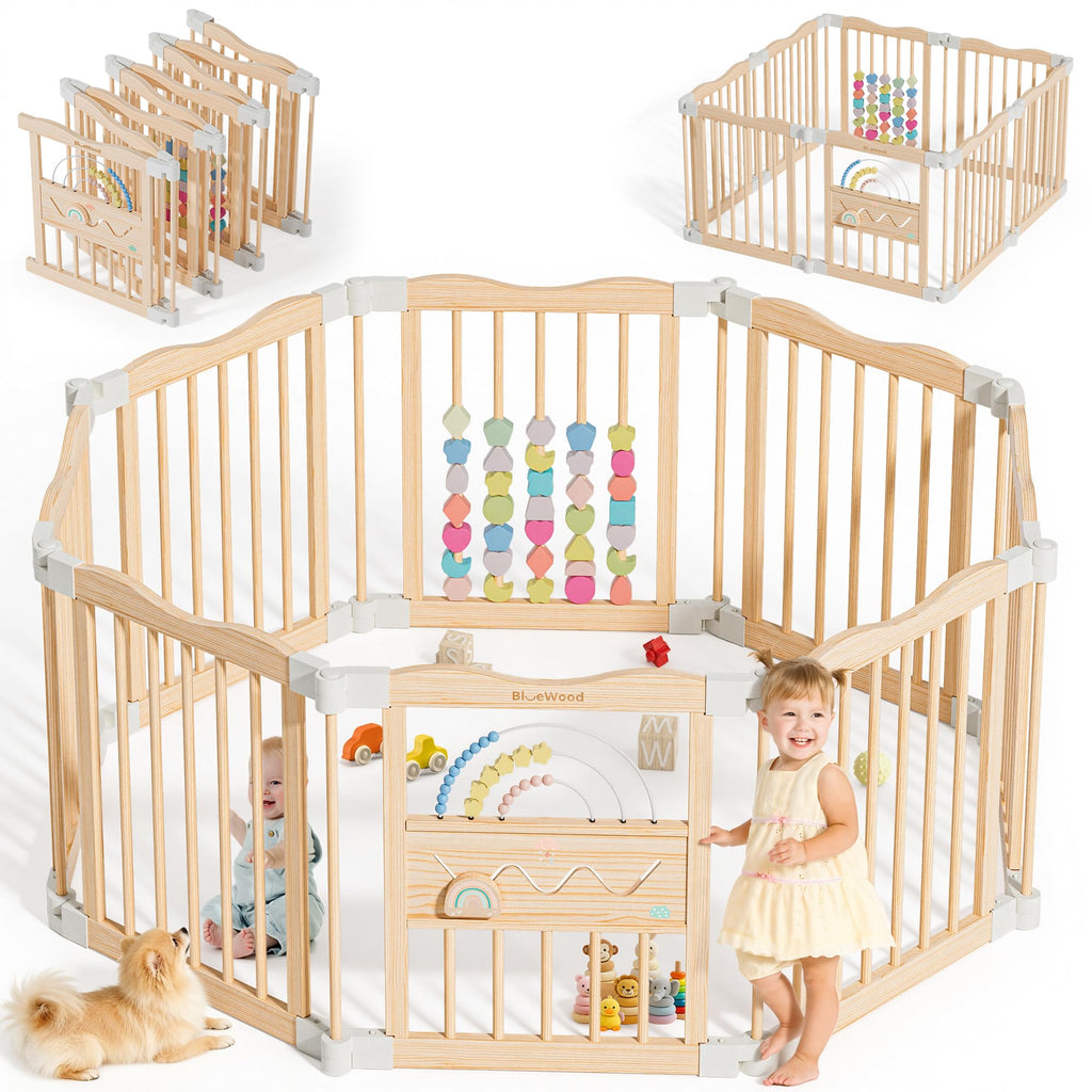 Foldable Wooden Baby Playpen, 45 x 45 x 24 inches, Pastel Dream, Natural