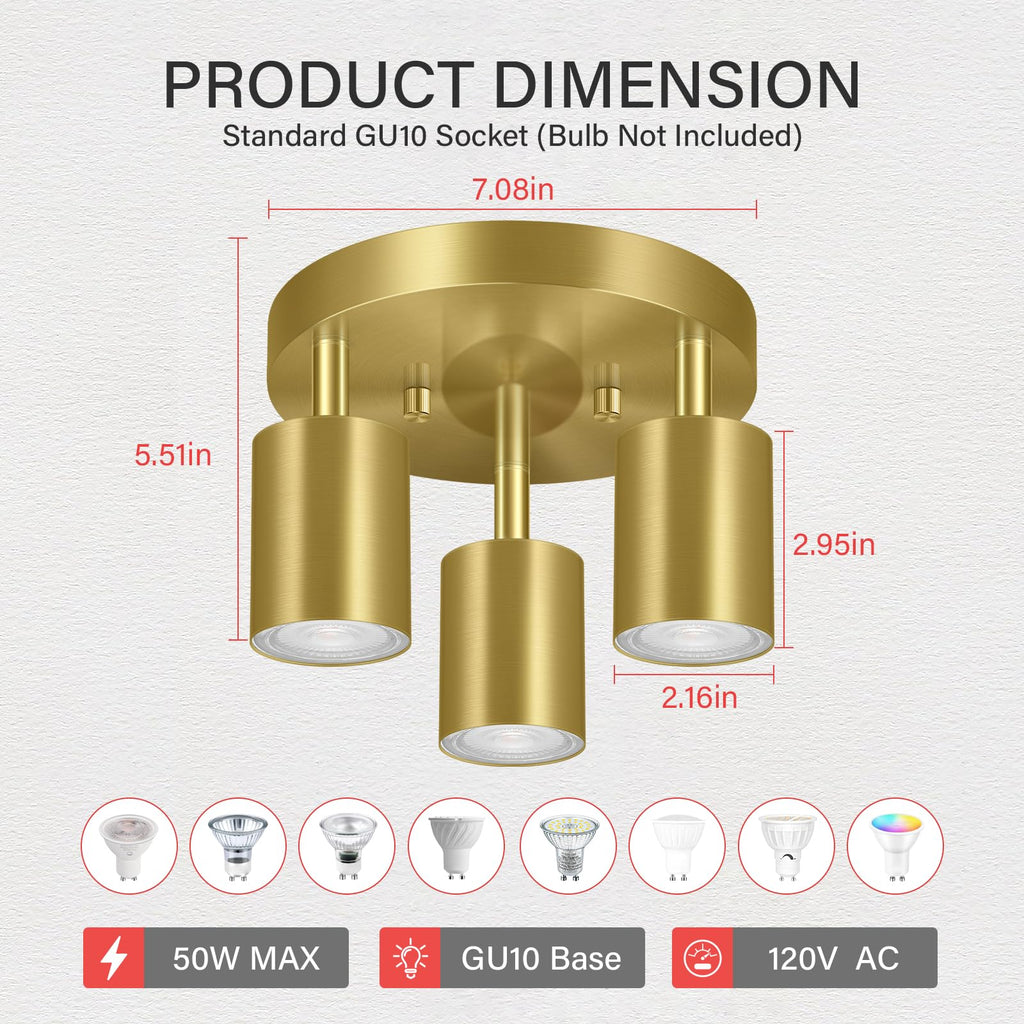 LED 3 Light Track Lighting Kit, LED Track Lighting Fixtures, Gold Round Ceiling Spot Lighting, Flexibly Rotatable