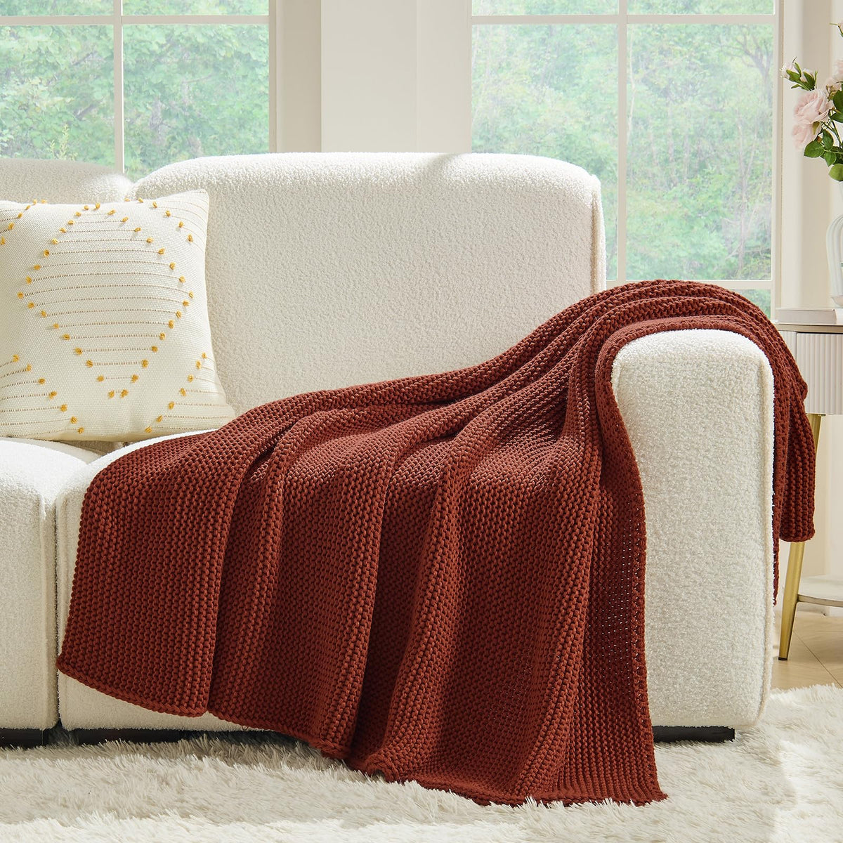 Rust Throw Blanket, Garter Knit, 60" x 80", Rustic Red Orange