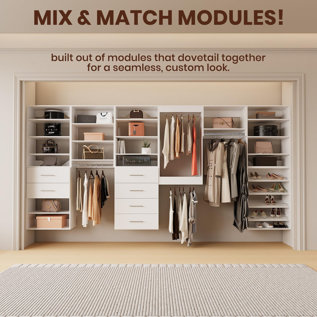 Modular Closet System, 52" Wall-Mounted Closet Organizer with Hanging Rods and Shelves, Wooden Tower for Walk-In