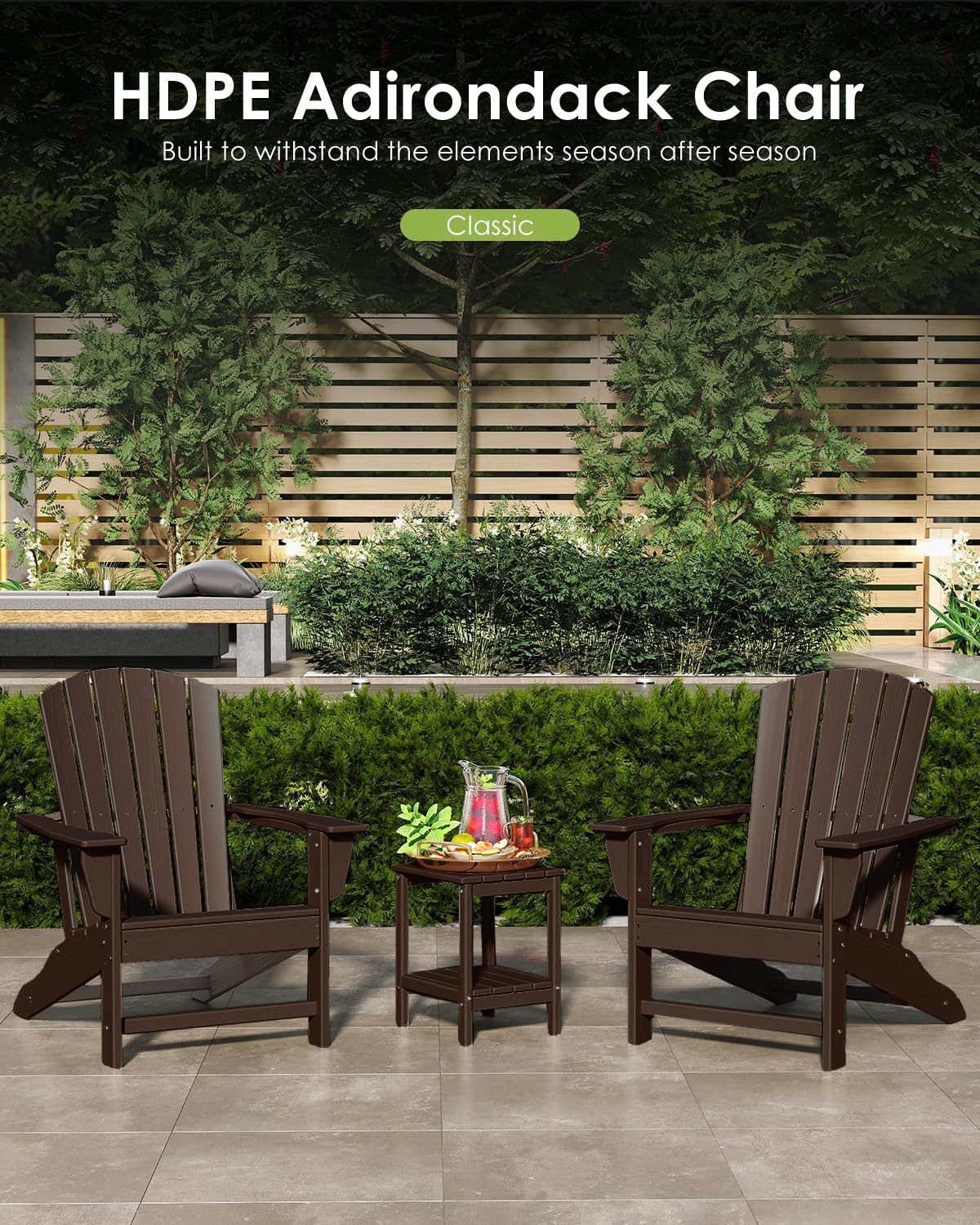 Oversized Adirondack Chairs Set of 4, HDPE, Dark Brown | Wood Grain | 21.6" Extra-Wide Seat | 400 lb Capacity |