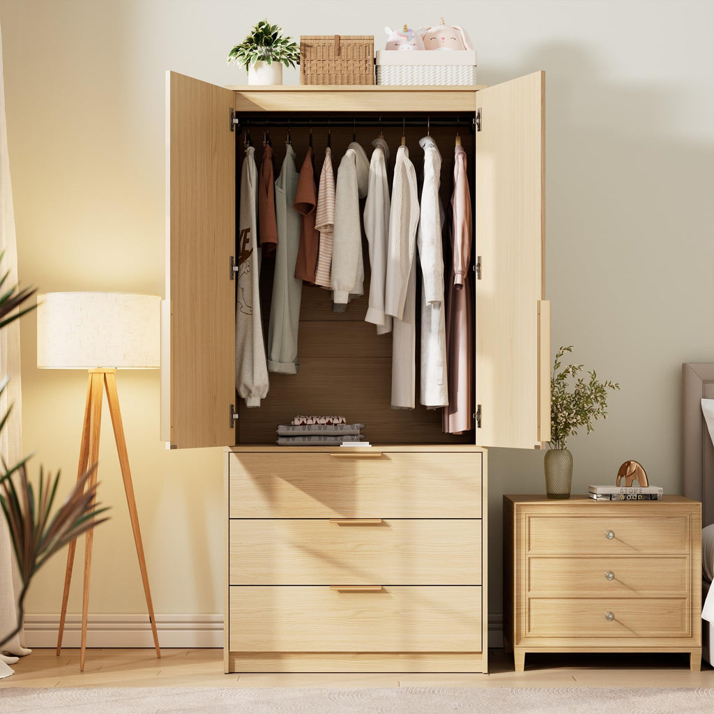 70" Wardrobe Armoire Wooden Closet with 2 Doors and 3 Drawers