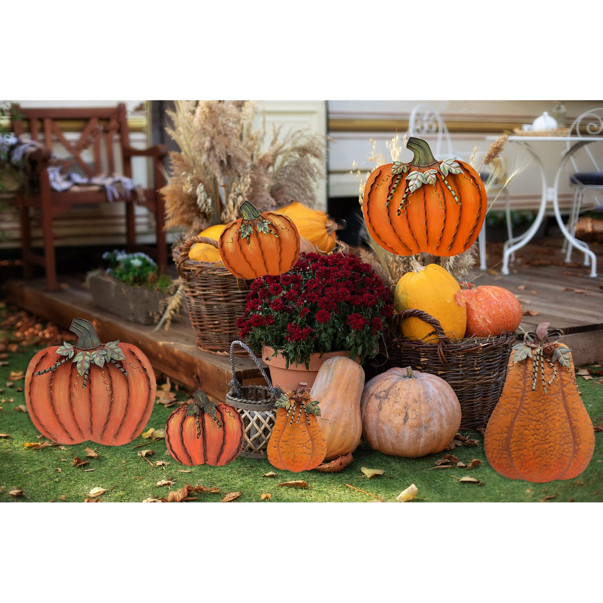 Outdoor Decor Metal Pumpkin Garden Stakes Autumn Decorative Yard Sign
