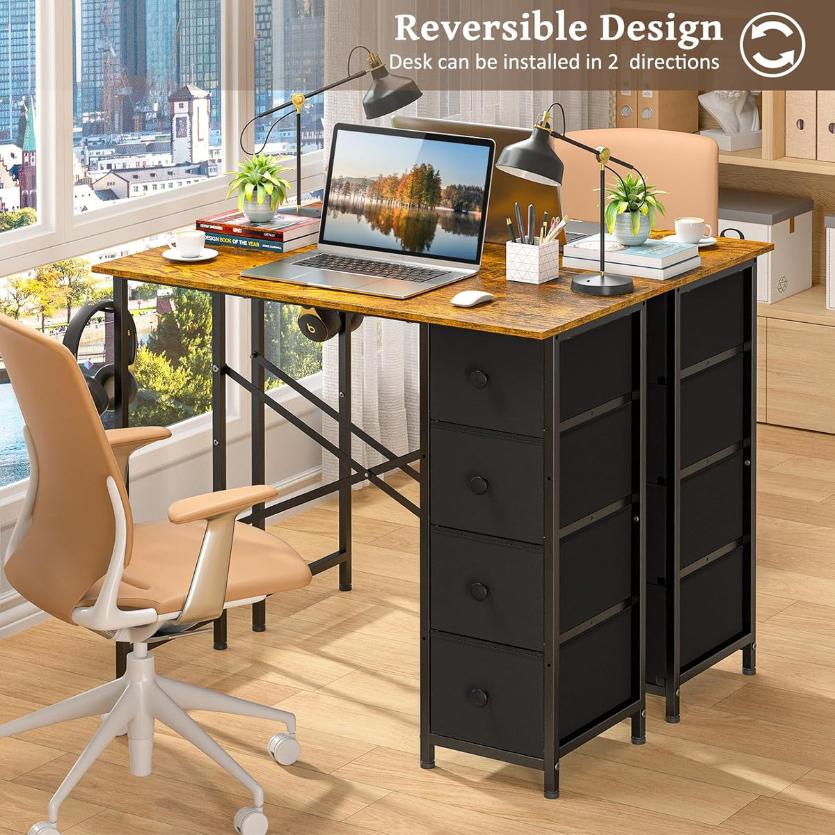 Small Computer Desk with 4 Fabric Drawers, 36 Inch Reversible Writing Desk Bedroom
