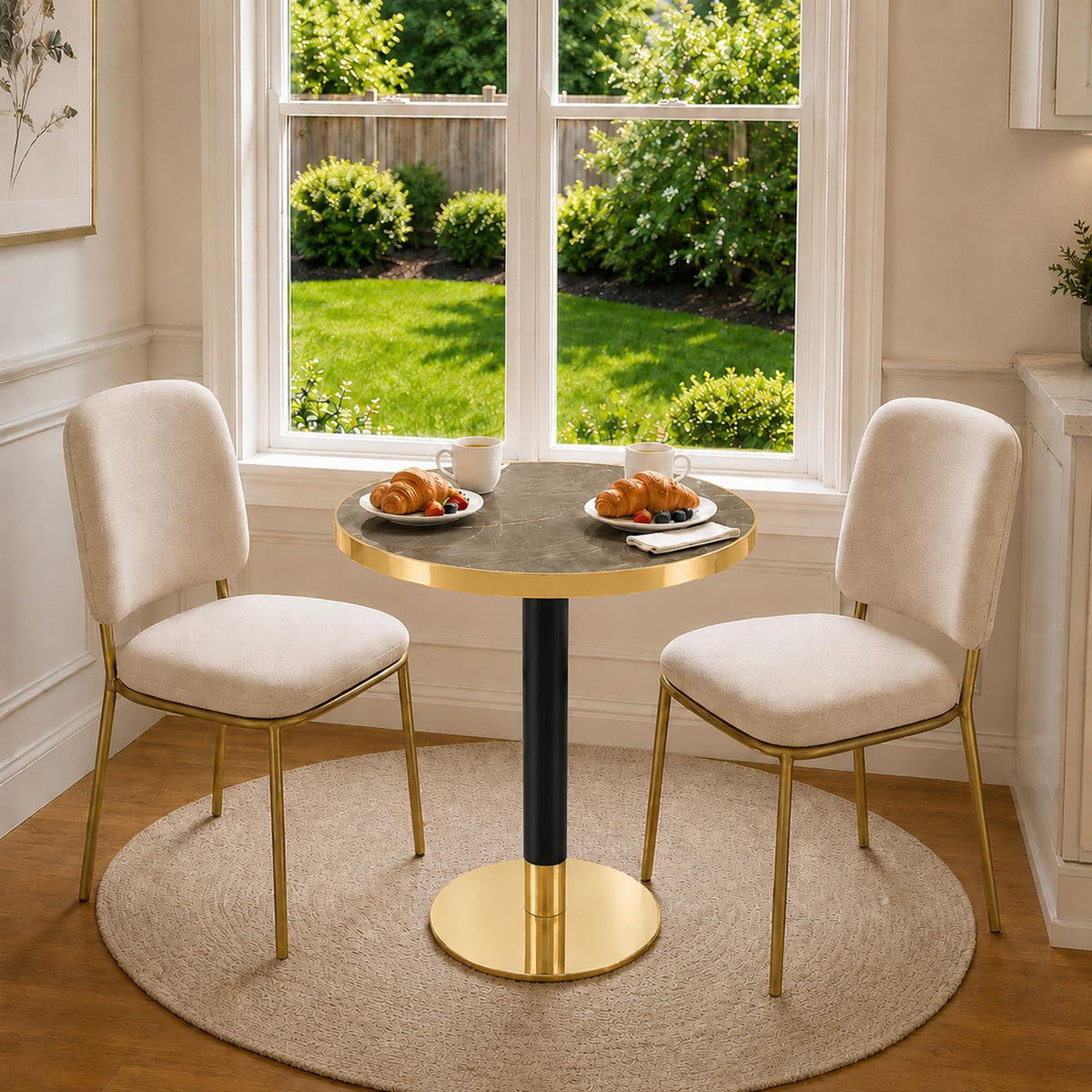 Inspired Saarinen Style 23.6" Small Round Dining Table for 2, Circle Tulip Table, Faux Marble Top with Gold Metal Pedestal Base, Modern