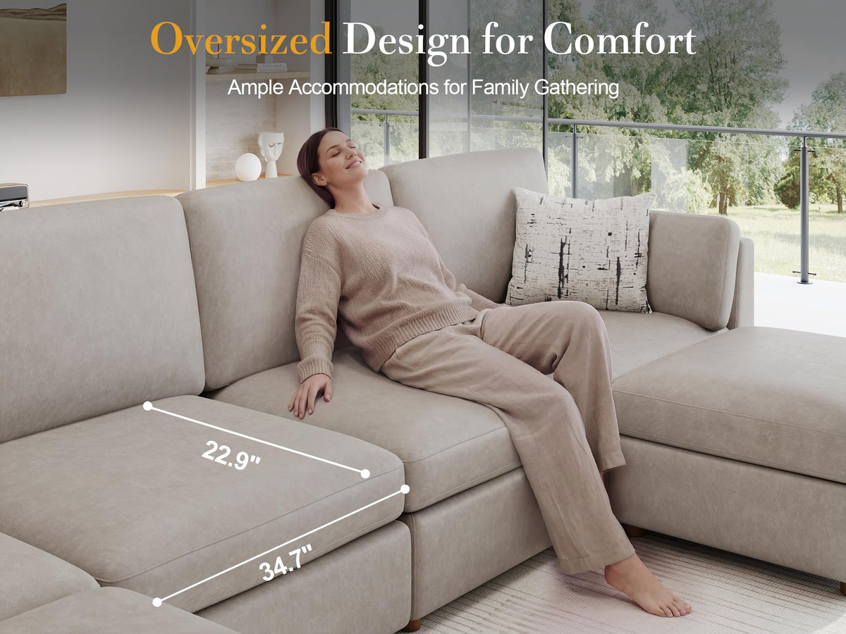 Faux Leather Modular Sectional Sofa Wide V Shaped Couches Beige