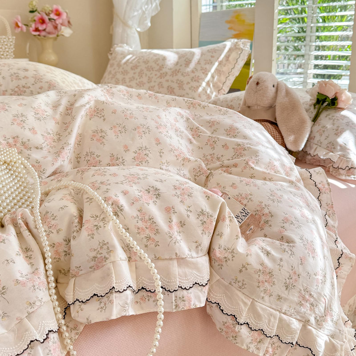 Boho Pink Floral Duvet Cover Twin Size, 100% Cotton Soft Coquette Ruffle Botanical Bedding Duvet Cover Set, Vintage